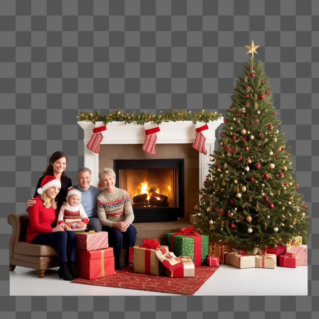 family poses by Christmas tree and fireplace