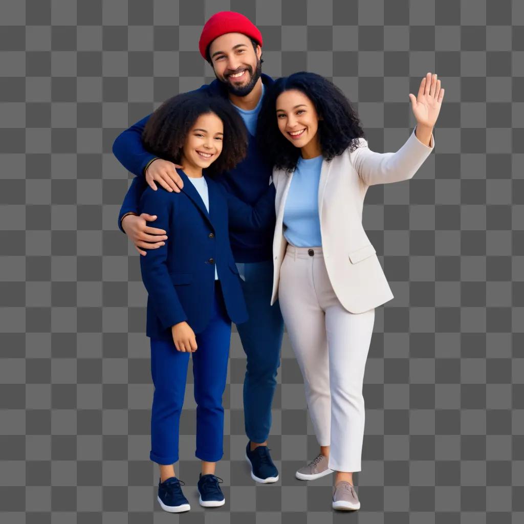 笑顔の男性と子供を前景に置いて写真を撮る家族