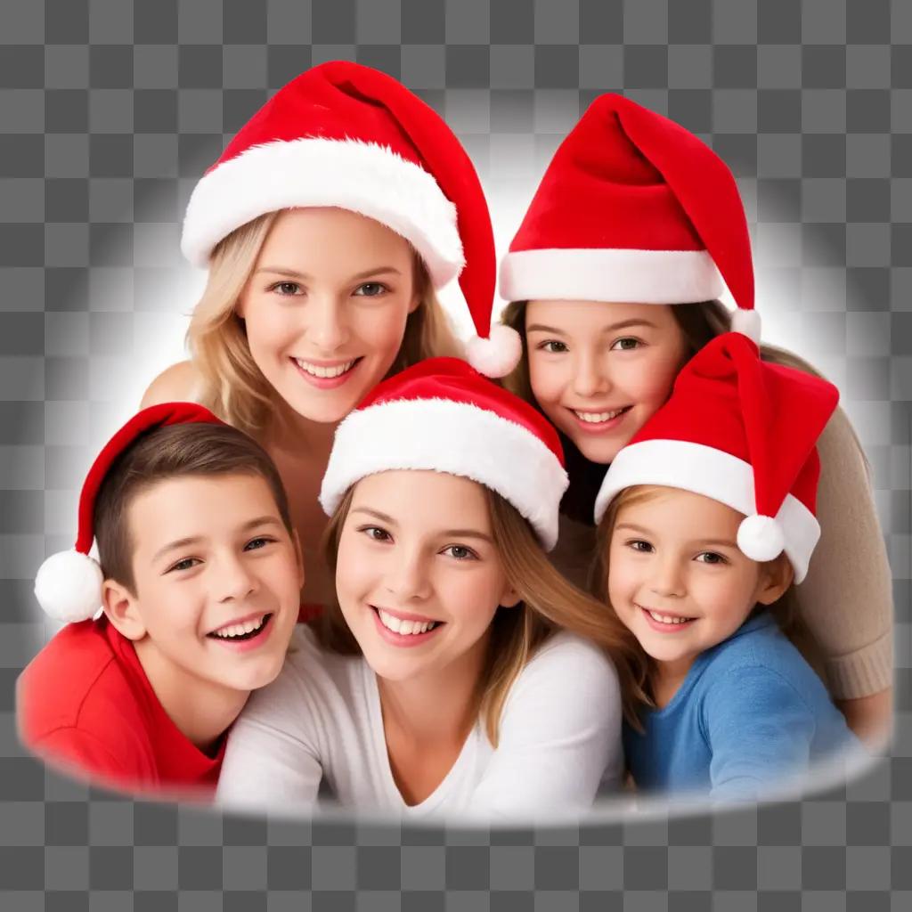 family poses for a picture with Santa hats on