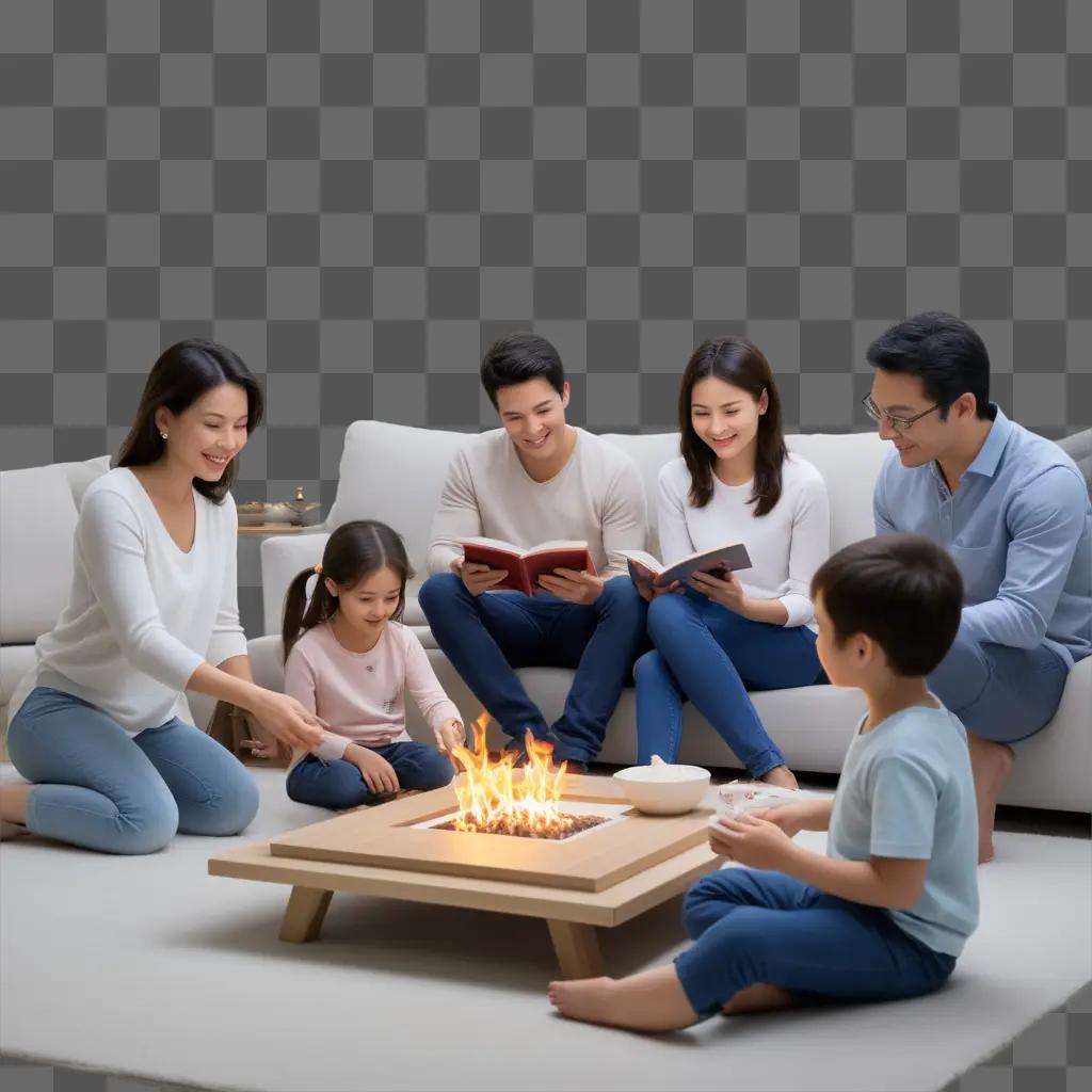 family sits around a living room fire