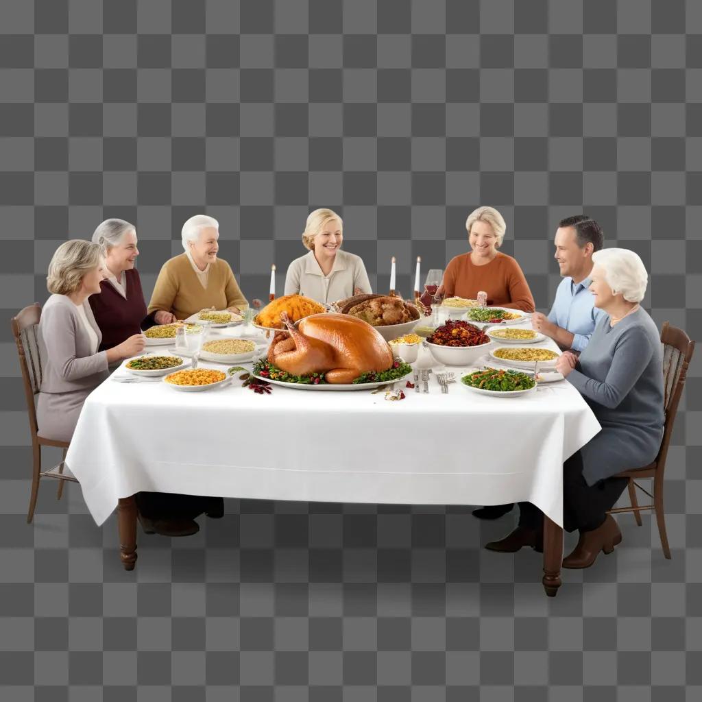 family sits around a table during a Thanksgiving meal