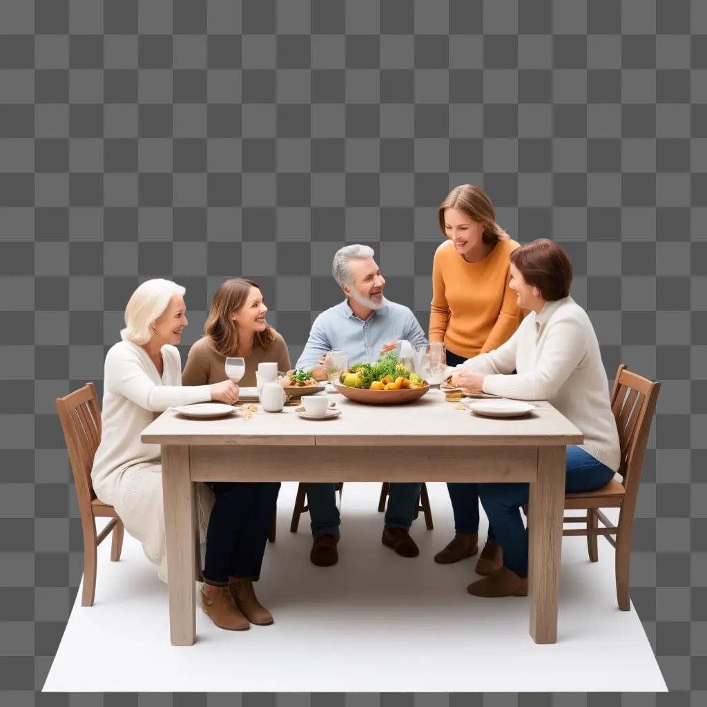 family sits around a table in their home