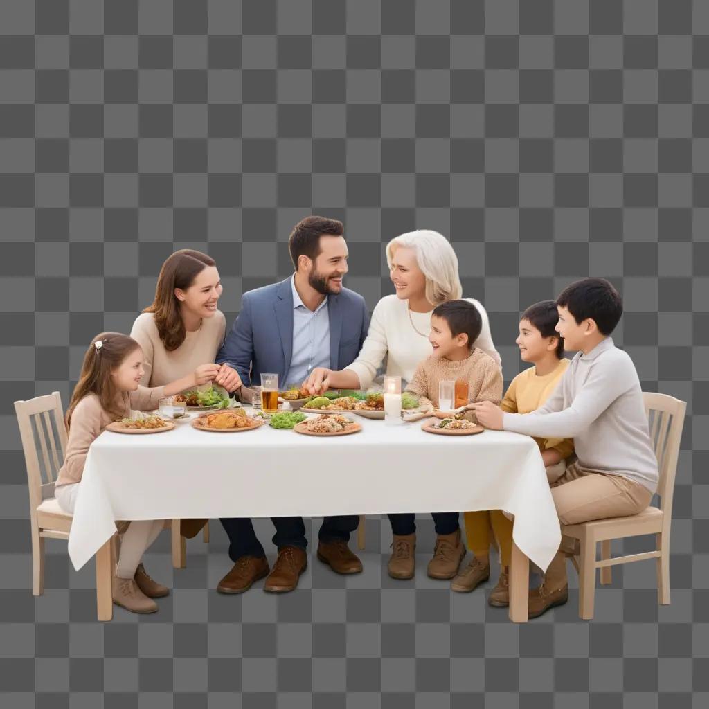 family sits at a dining table and shares a meal