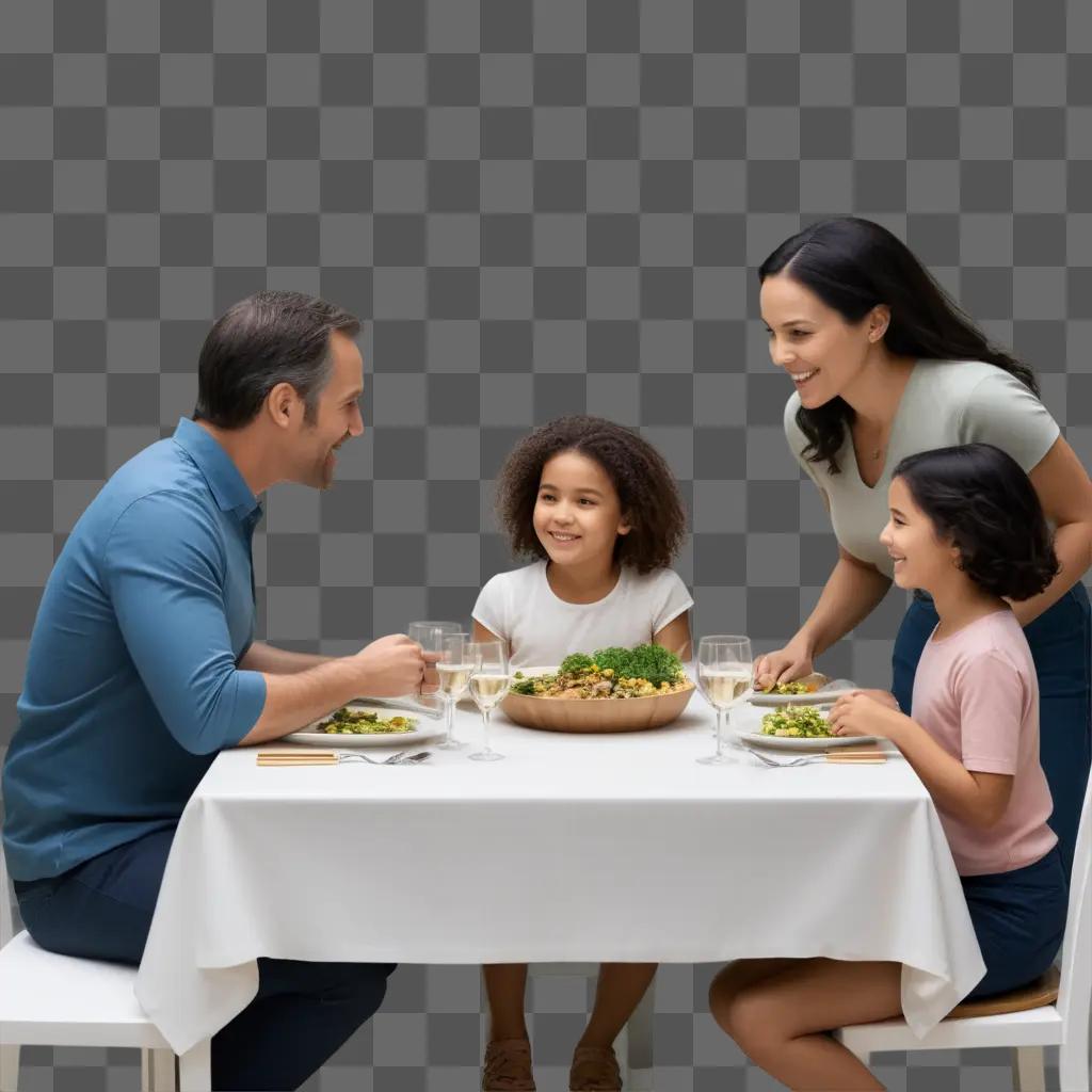 family sits at a table with a plate of food