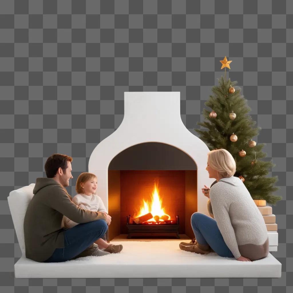 family sits by a fireplace during the holidays