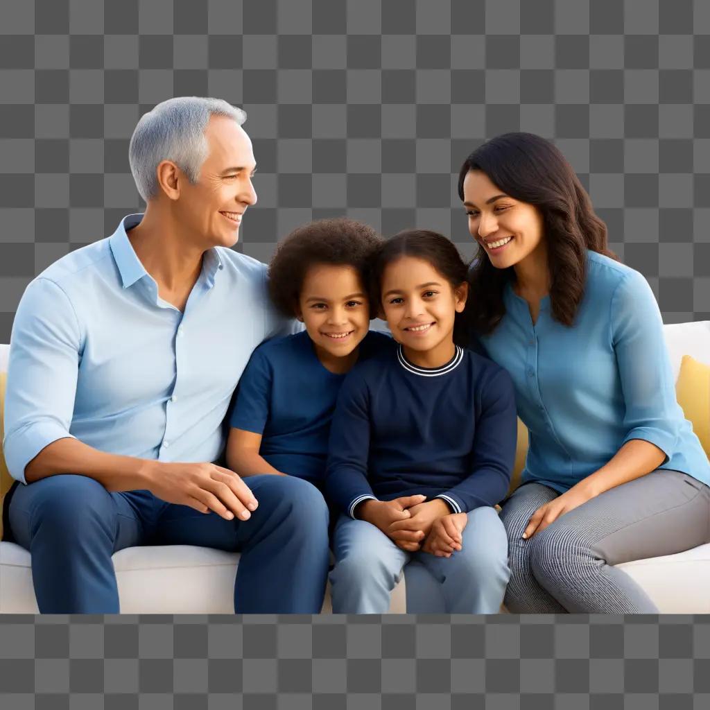 family sits on a couch in a transparent setting