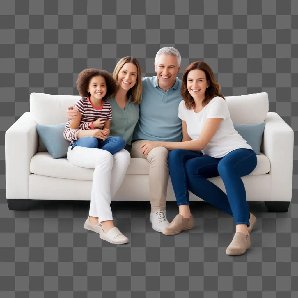 family sits on a couch with a transparent background