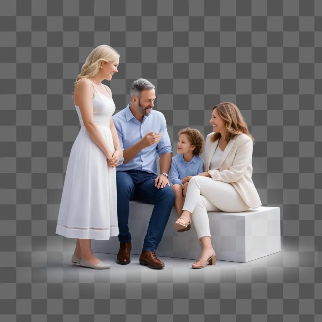 family sits on a white box in a transparent photo