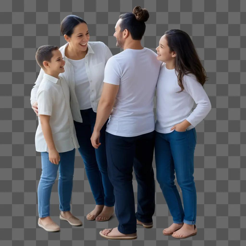 family stands in front of a transparent background