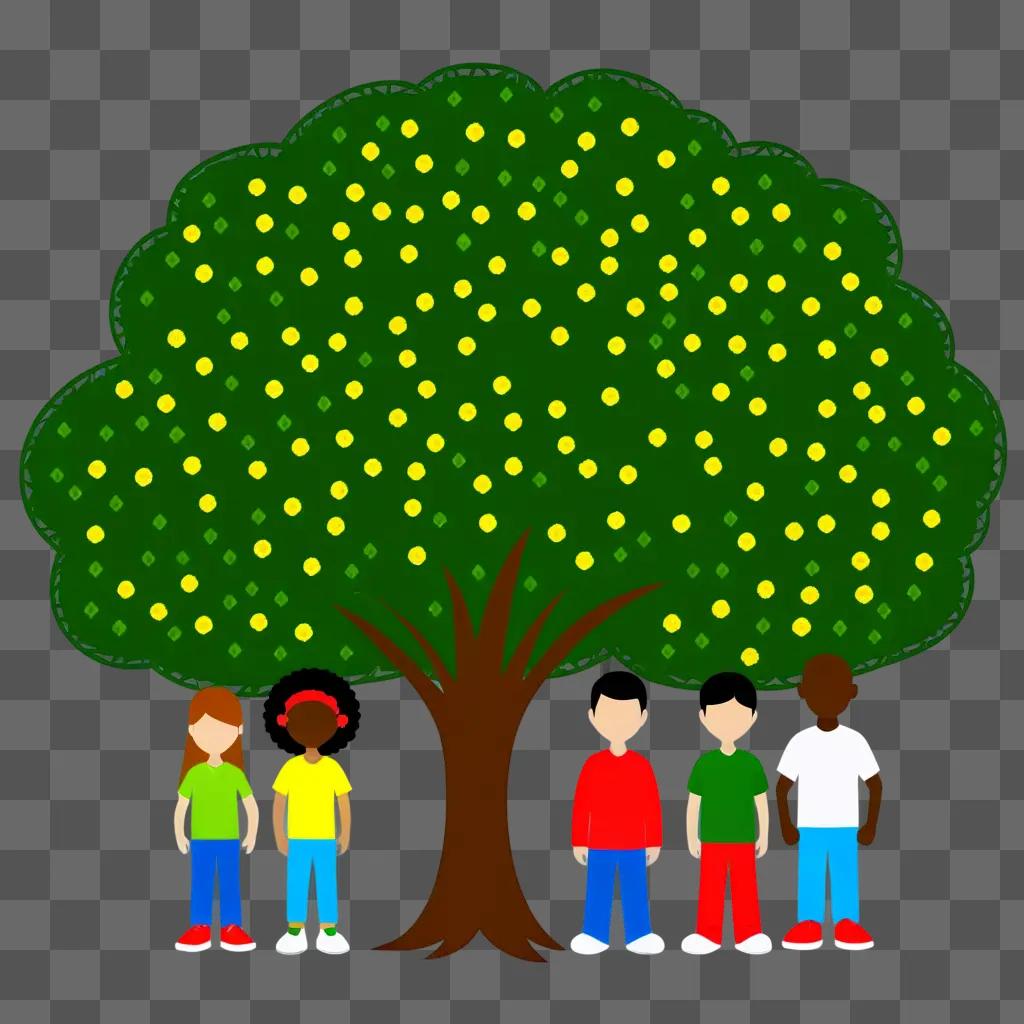 family tree with kids in front of a tree