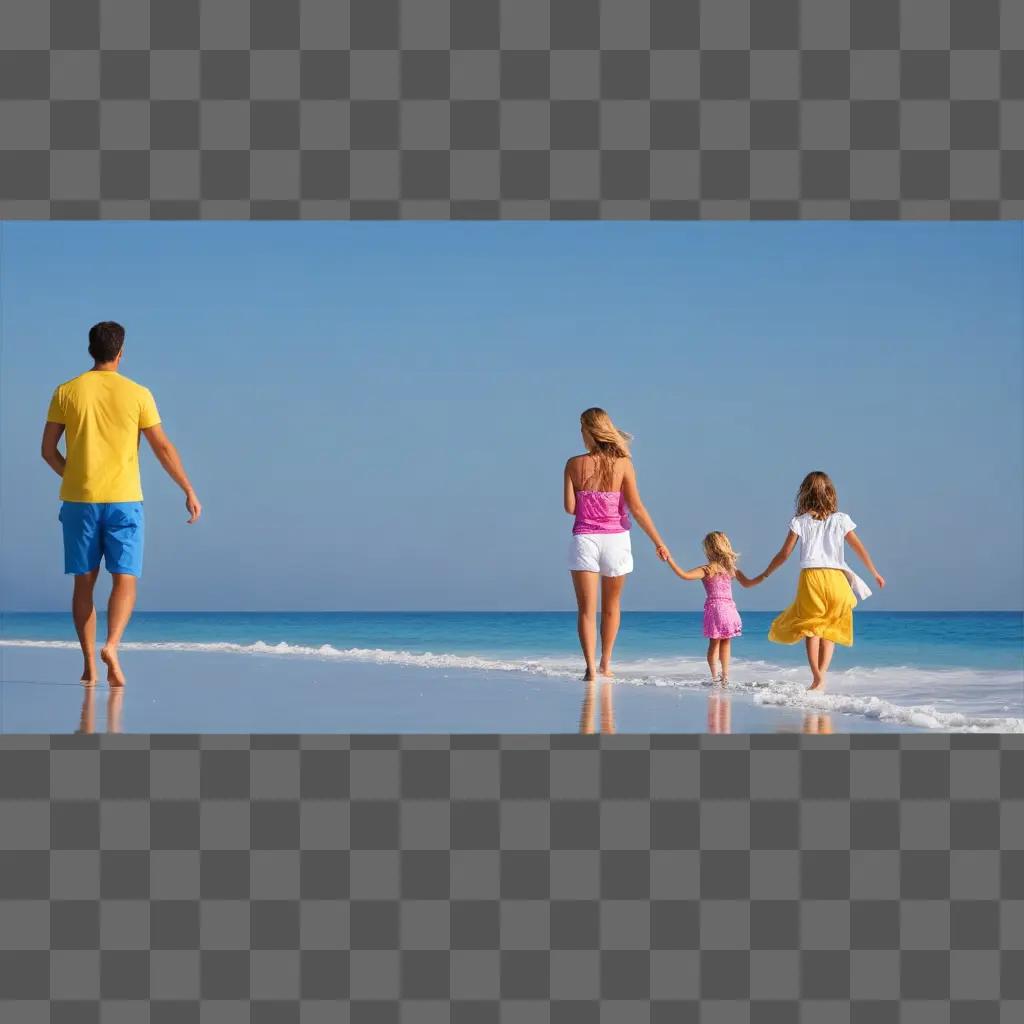 family walks on the beach during their vacation