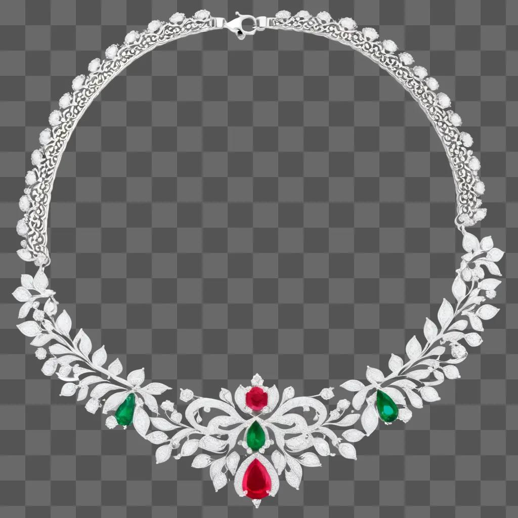 fancy necklace with a design of green, red and white gemstones