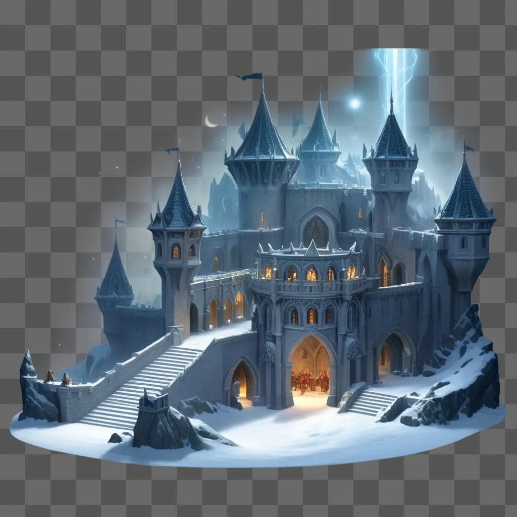 fantasy castle in the middle of a snowy landscape