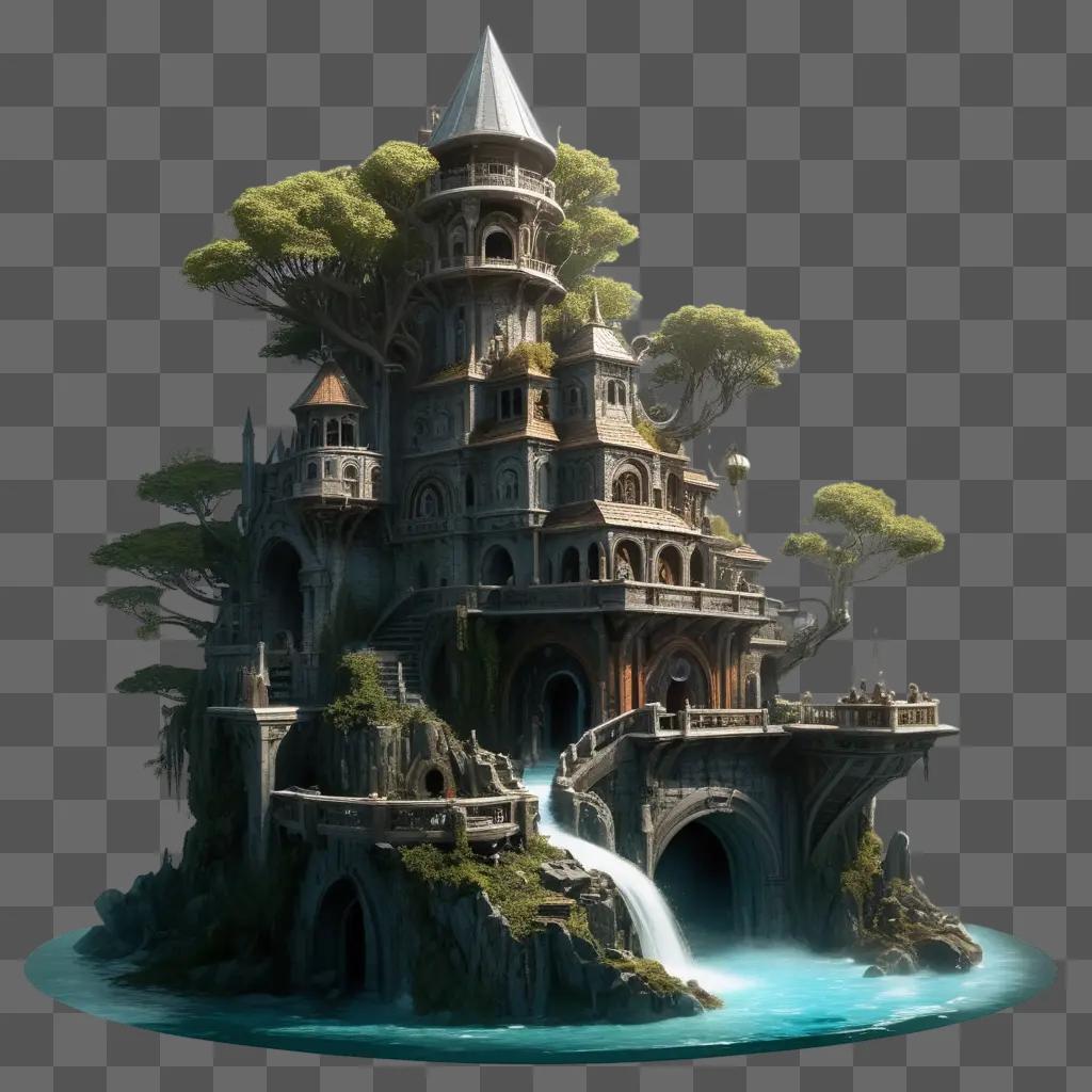 fantasy castle with a waterfall in the center