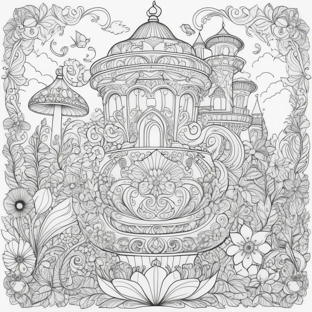 fantasy coloring page with a castle, flowers, and butterflies