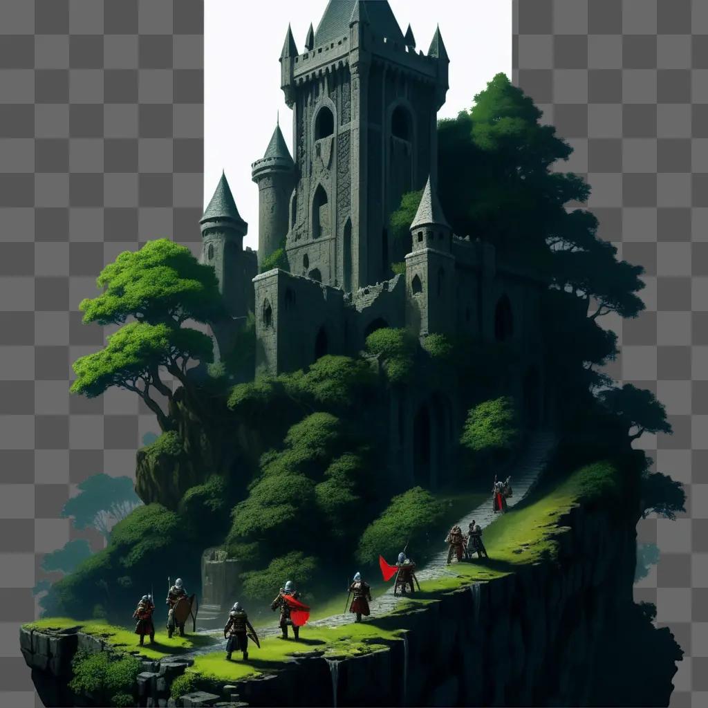 fantasy landscape with a castle and knights on a path