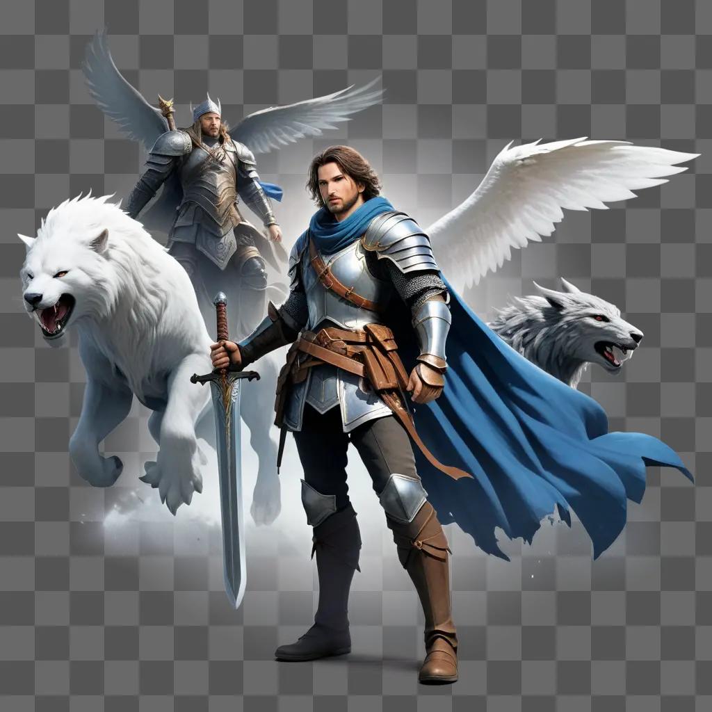 fantasy scene with a man and a white wolf