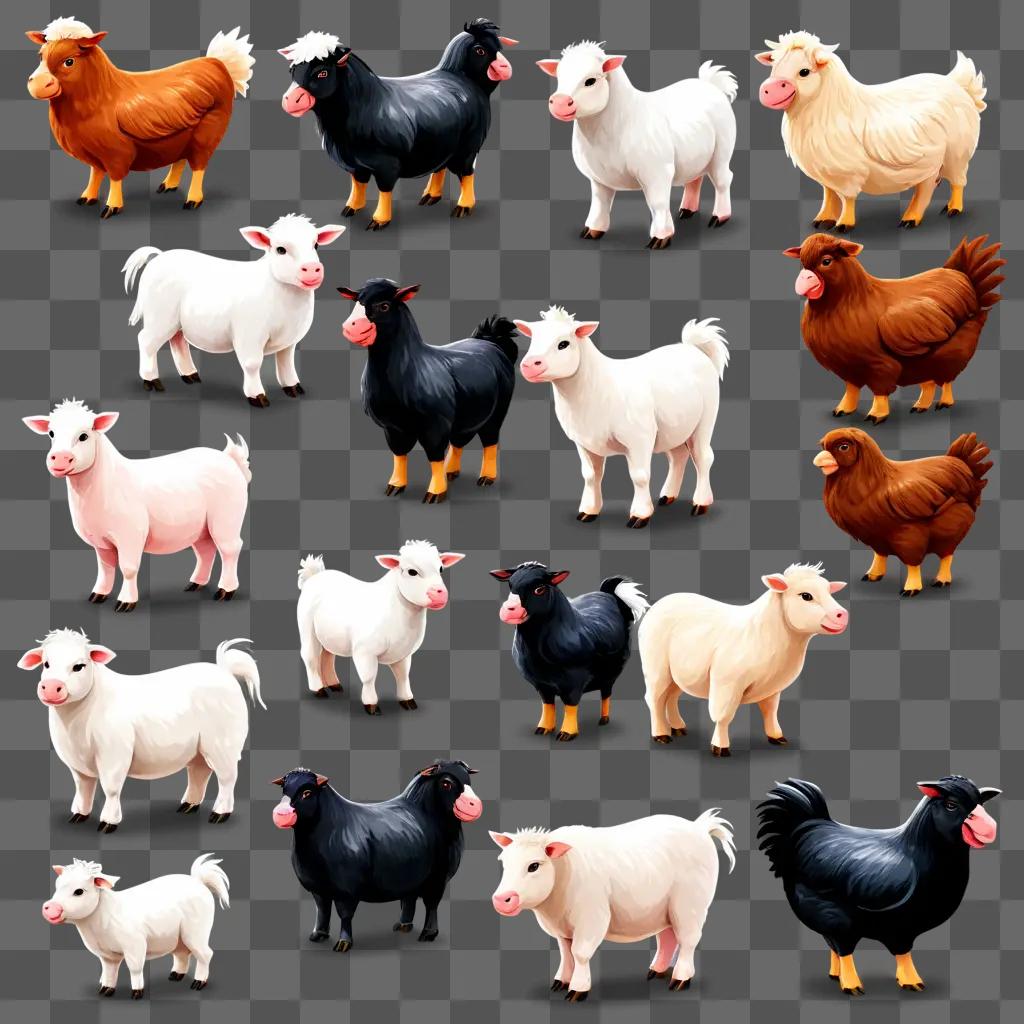 farm animal clipart A collection of cartoon animals on a grey background