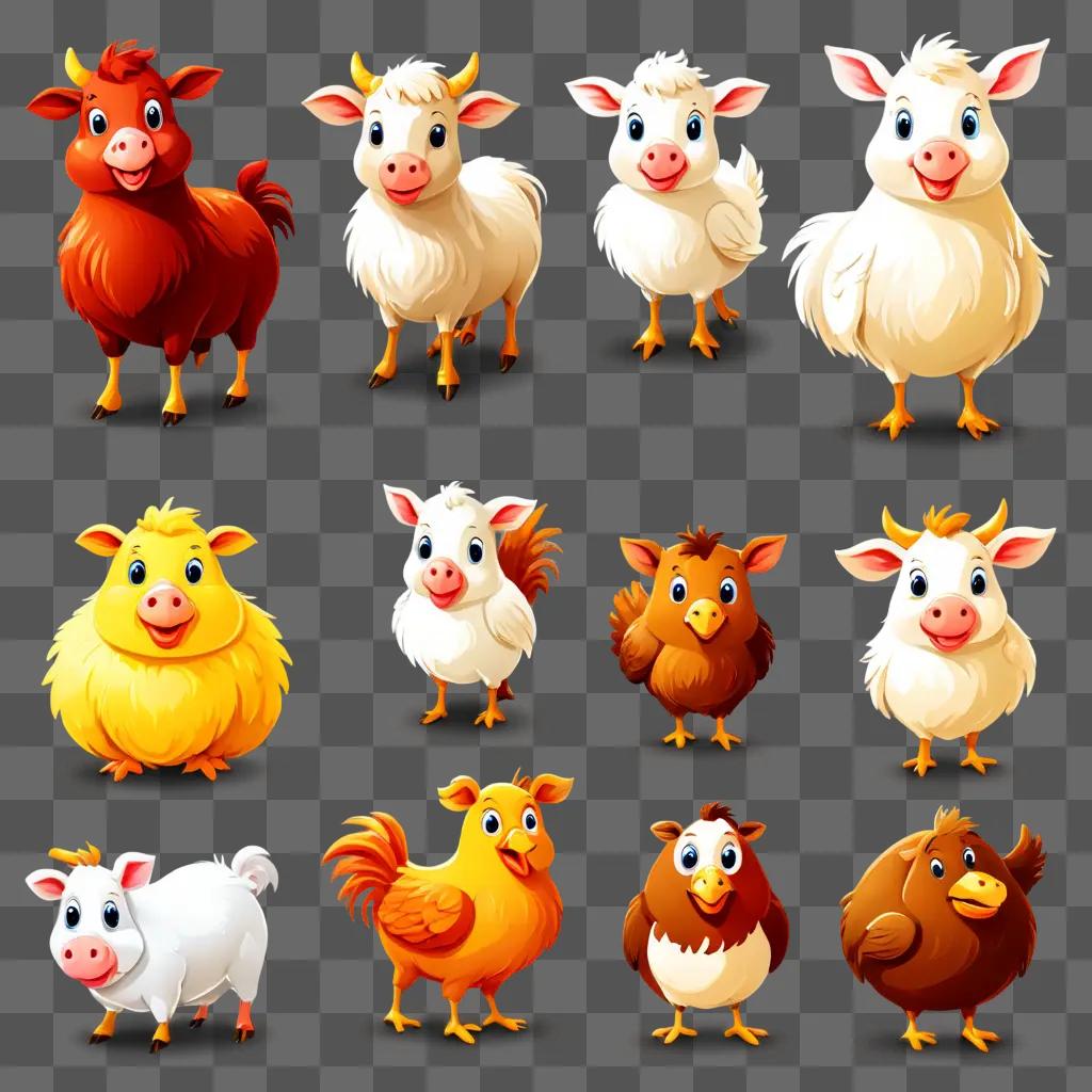 farm animal clipart A collection of cute farm animals on a beige background