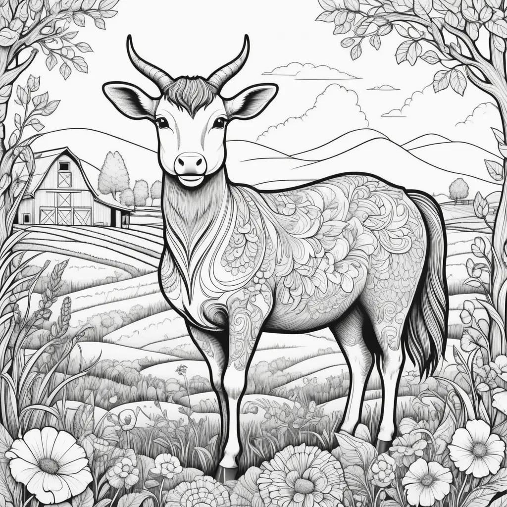 farm animal coloring page with a cow and flowers