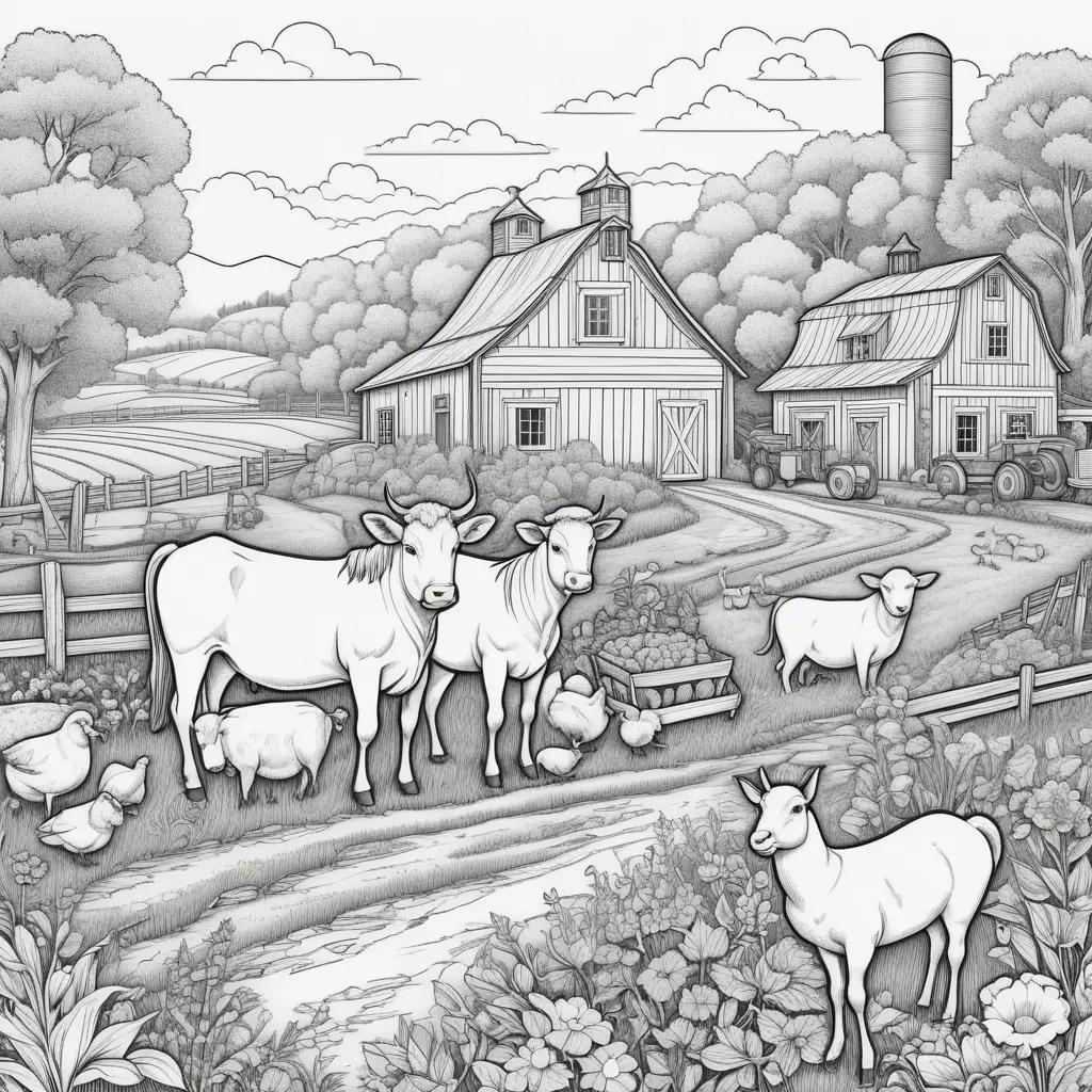 farm coloring page features animals and a barn