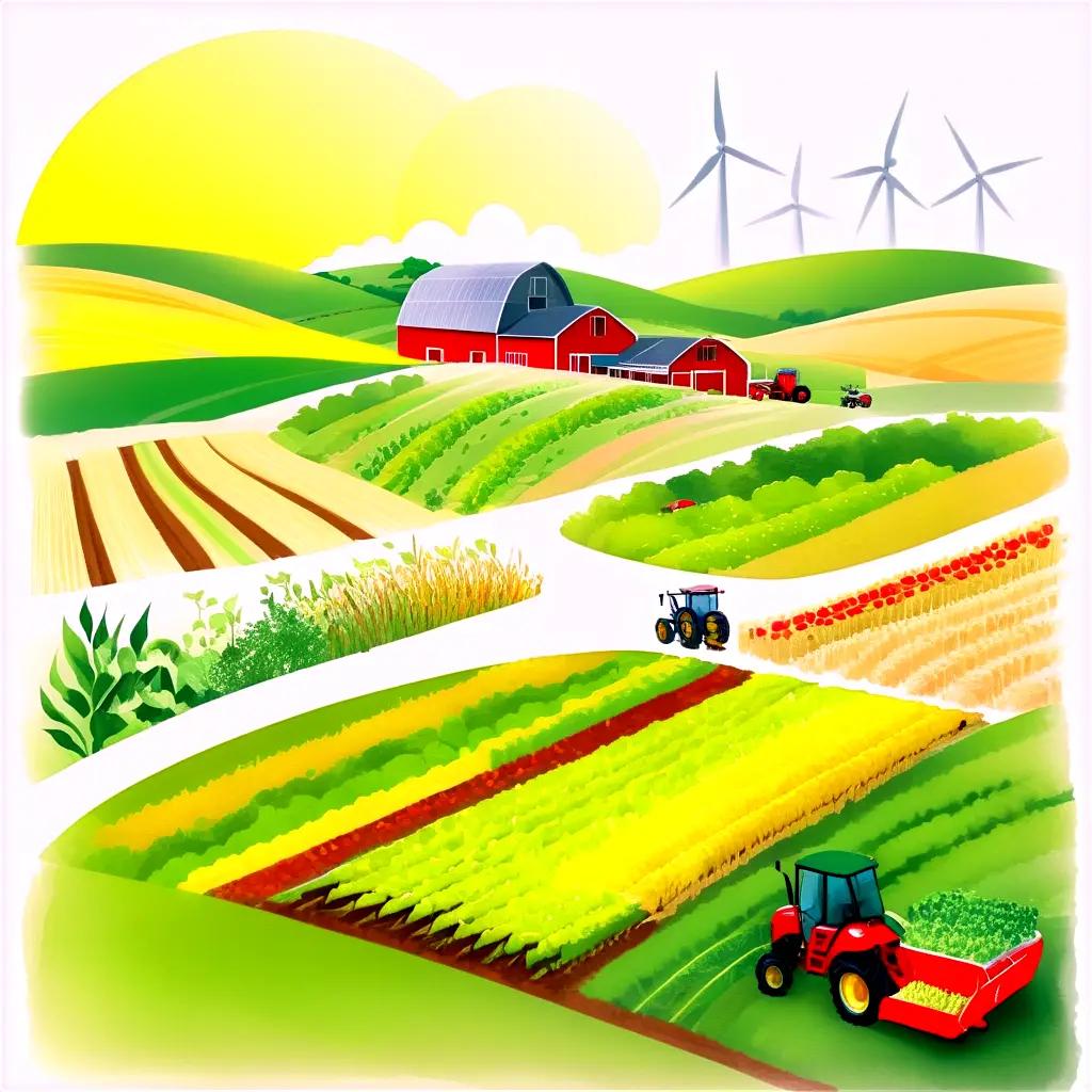 farm scene with a tractor and windmills