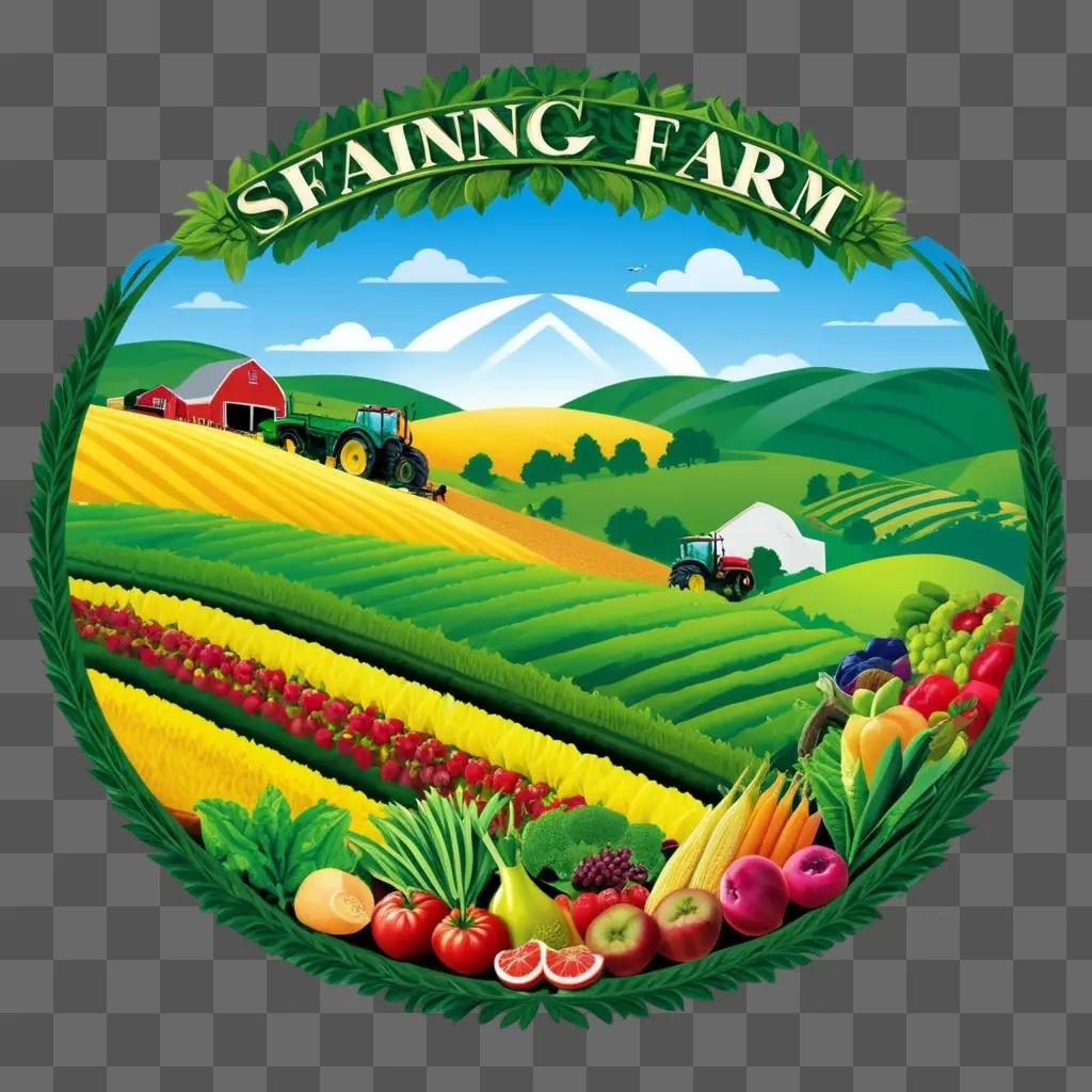 farm with a tractor and fruit in a circular design