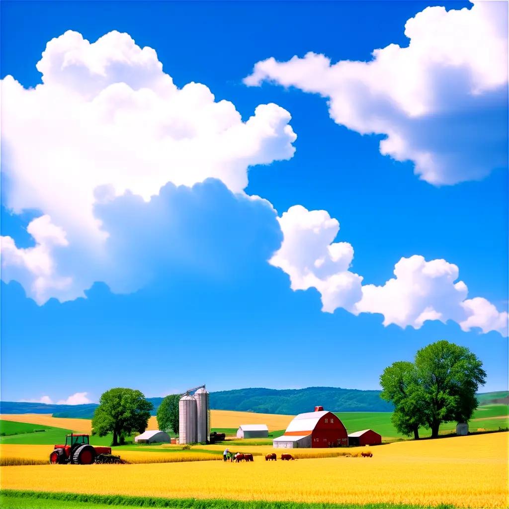 澄み切った空に牛と木と雲がある農場