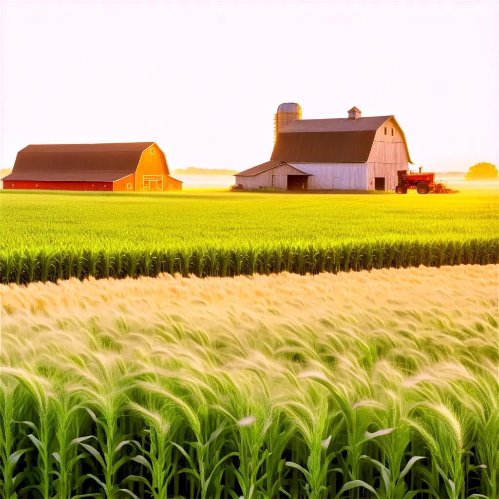背の高い小麦と遠くに納屋がある農場