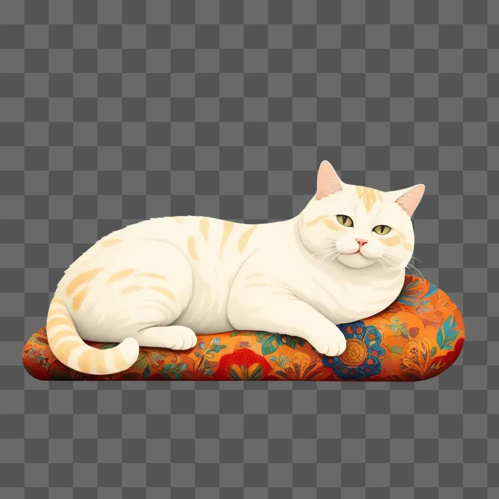 fat cat lounges on a colorful cushion