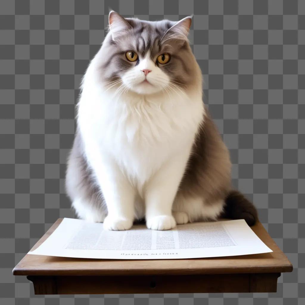 fat cat sits on a book on a table