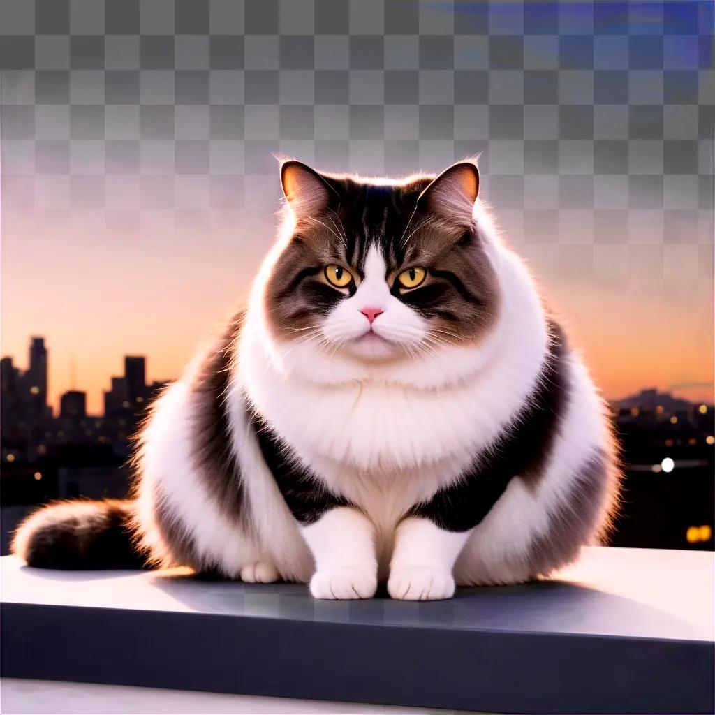 fat cat with yellow eyes sits on a ledge