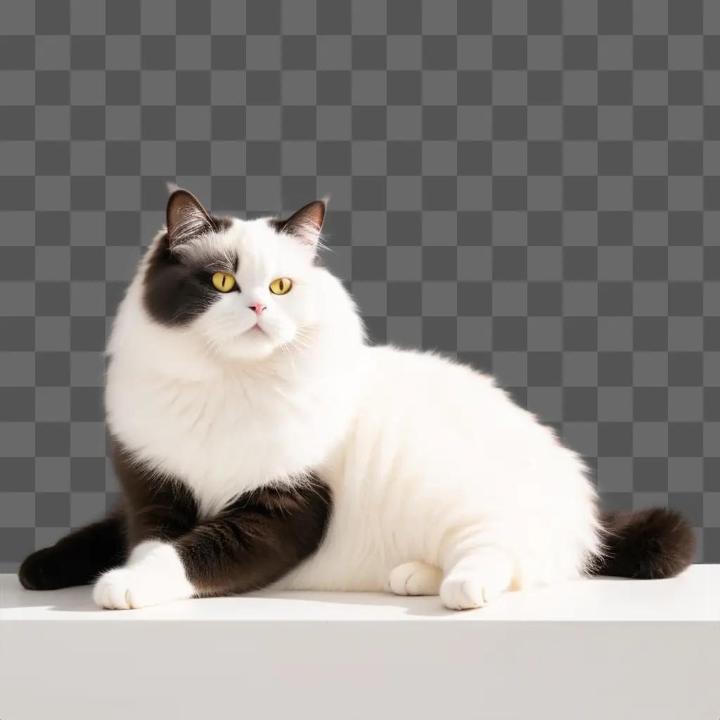 fat cat with yellow eyes sitting on a shelf