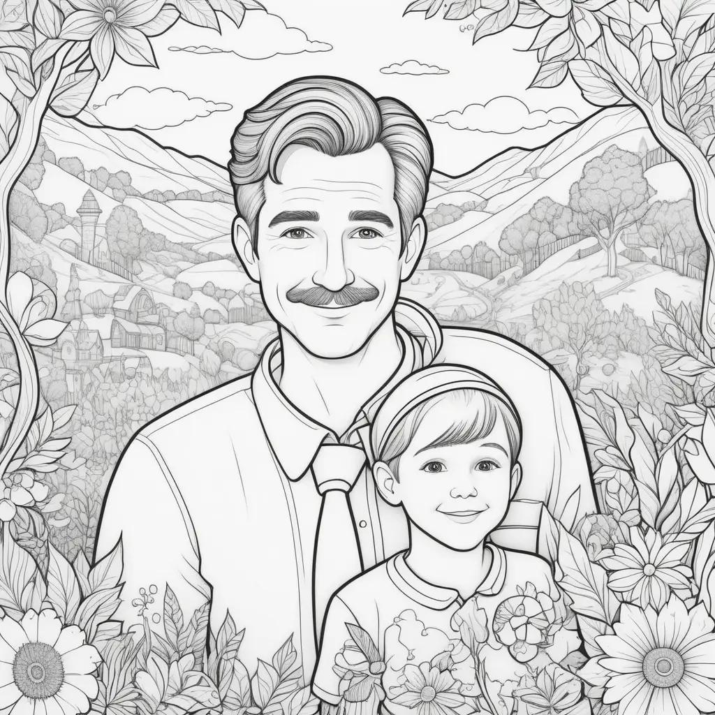 father and daughter coloring page with a smiling sun