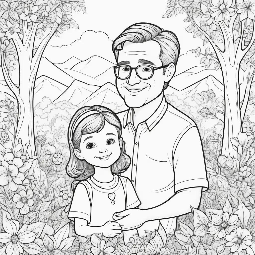 father and daughter coloring page with flowers in the background