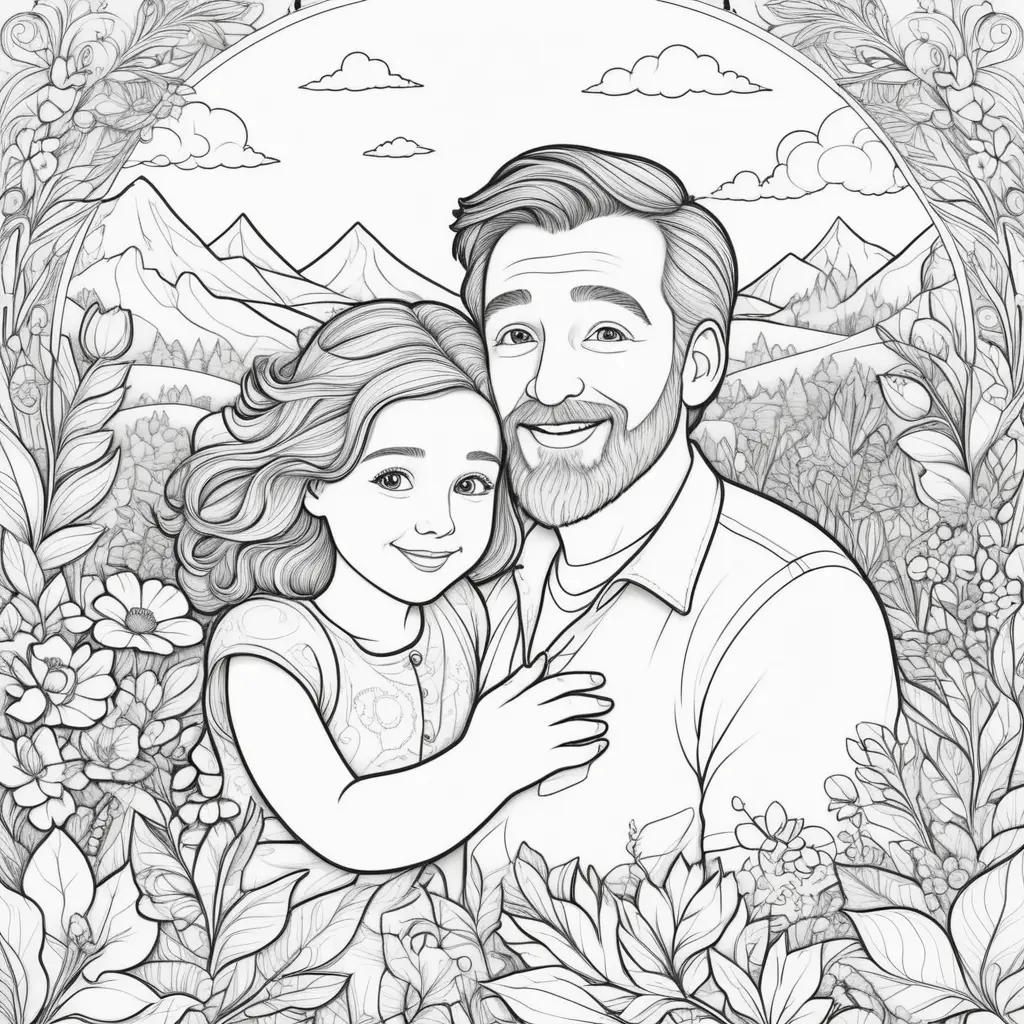 father and daughter coloring page with mountains and flowers