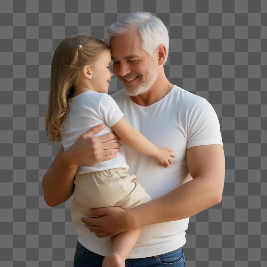 father holds a young girl as they both smile