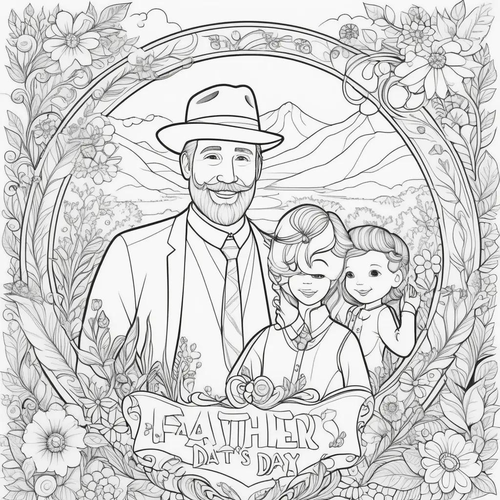 fathers day coloring page featuring a family and a hat