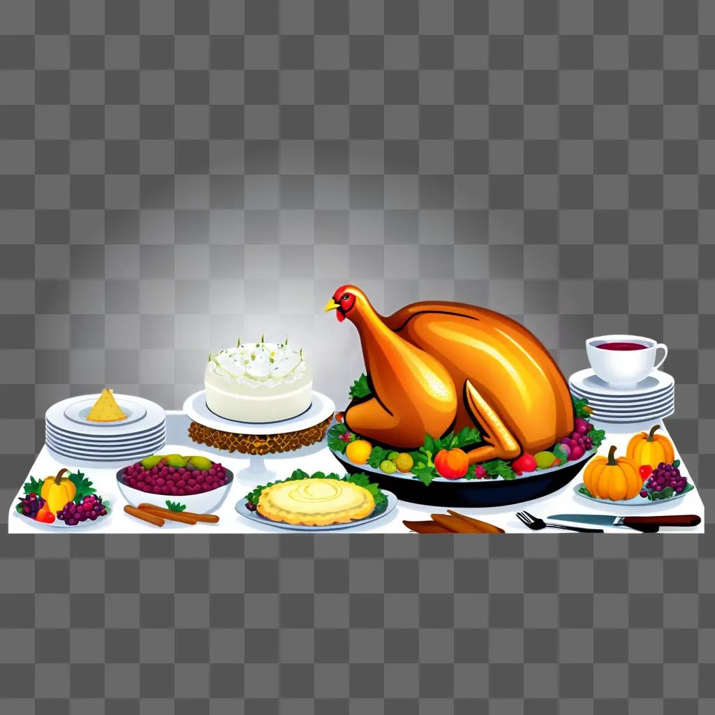 feast of Thanksgiving foods with turkey and pumpkin pie