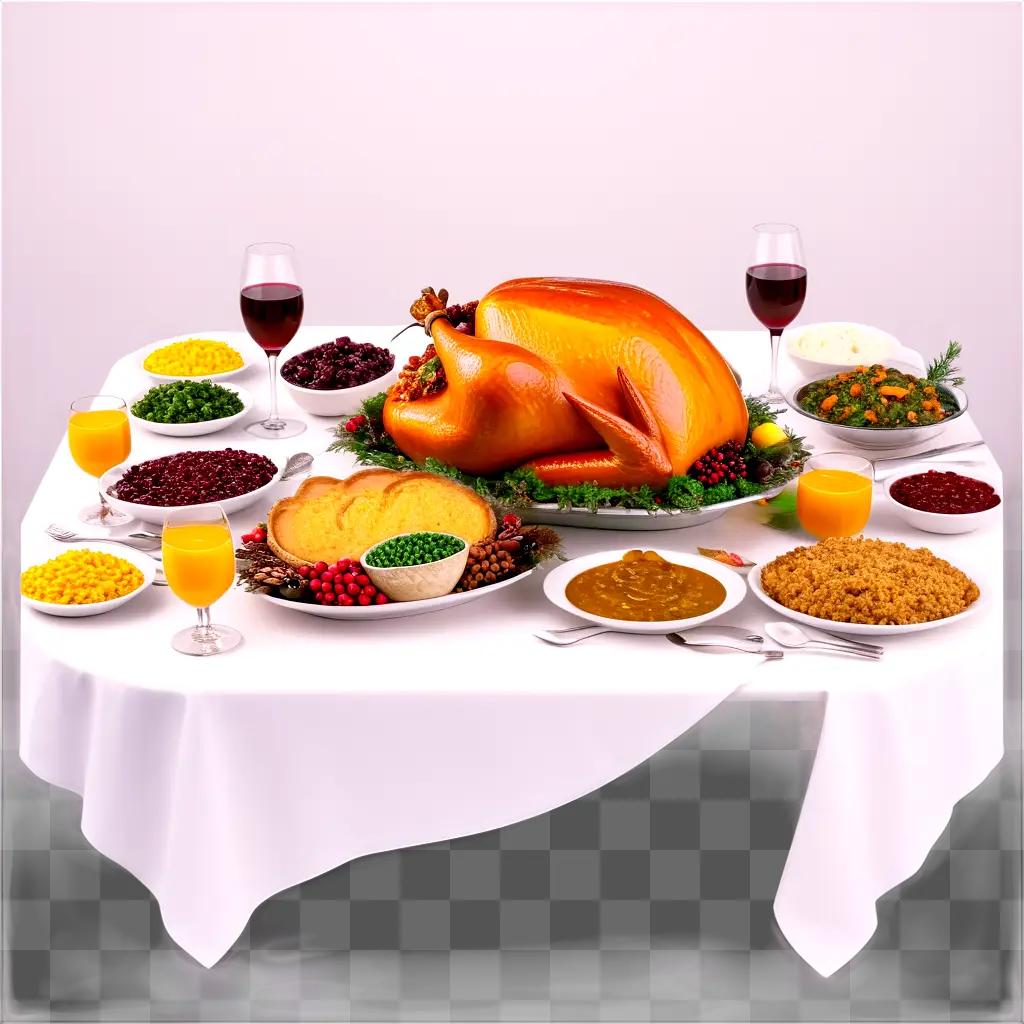 feast of food on a table with a turkey