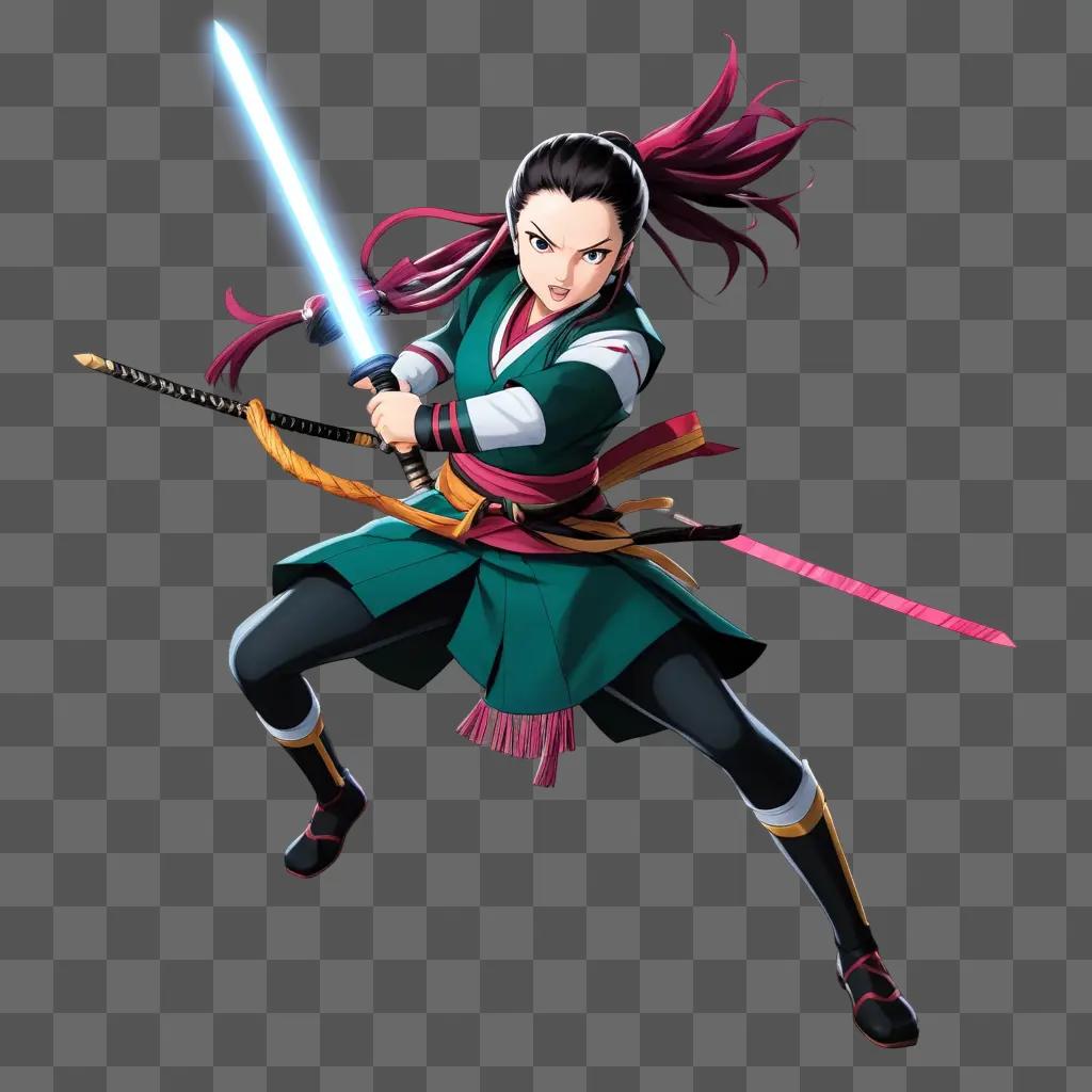 female fighter in a green outfit wields a pink sword