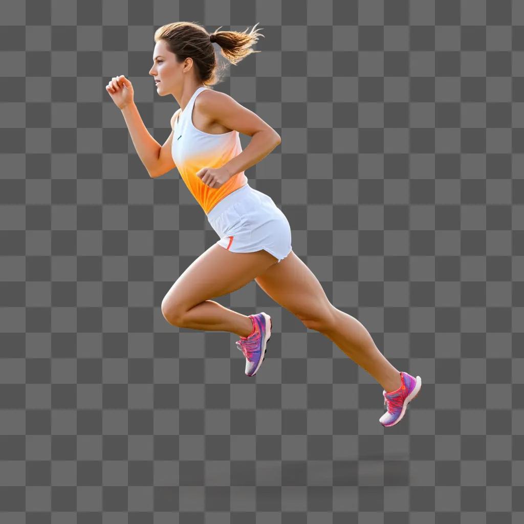 female runner is running freely in a vibrant orange and white outfit