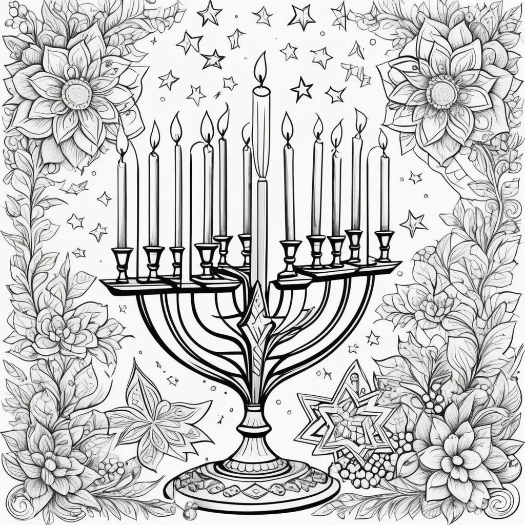 festive Hanukkah menorah coloring page with candles and stars