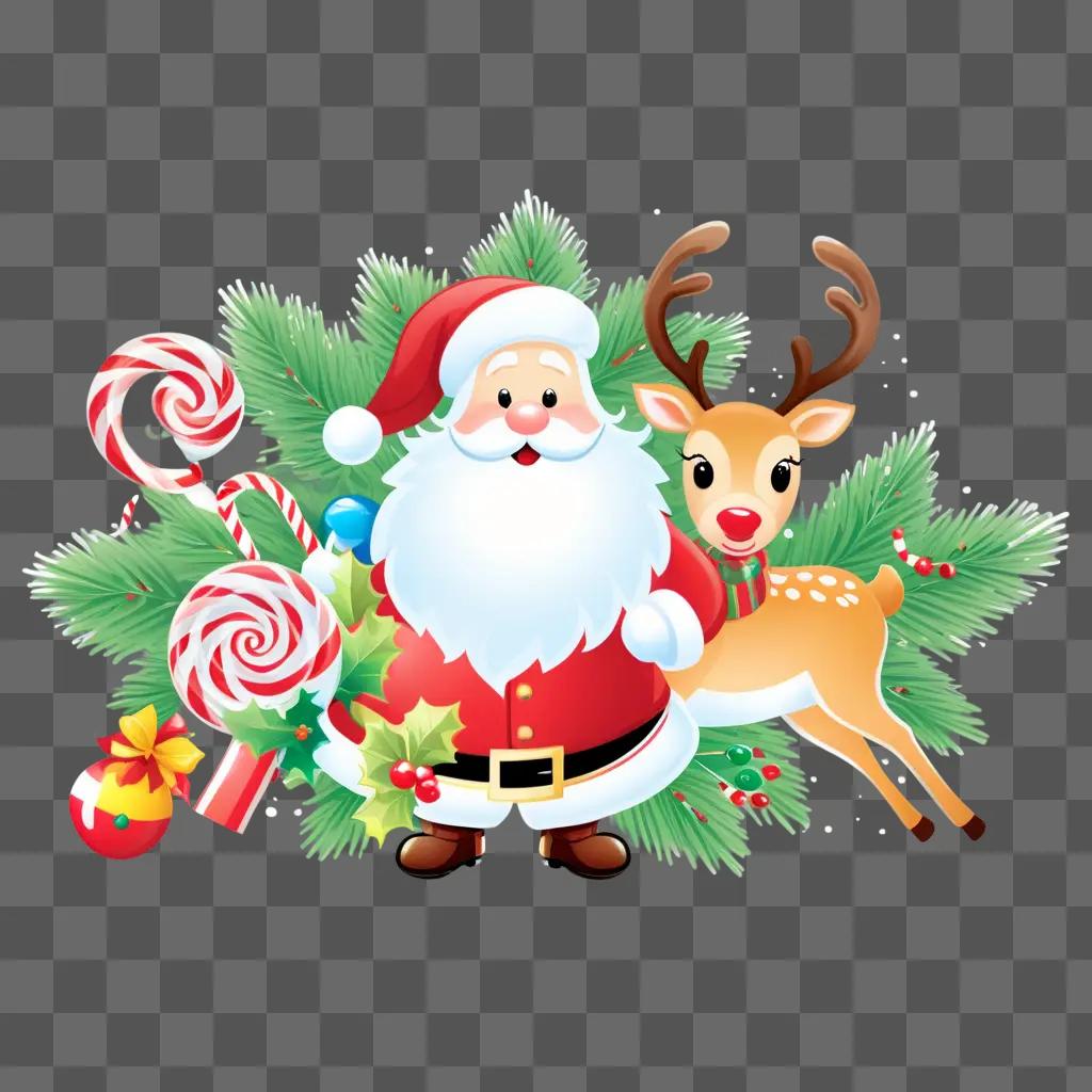 festive Santa and reindeer surrounded by Christmas clipart