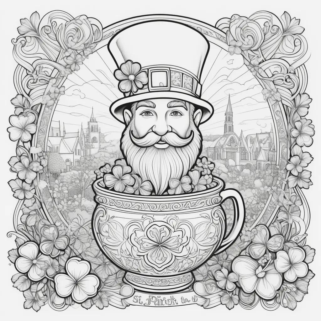 festive St. Patricks Day coloring page featuring a man in a hat and a cup