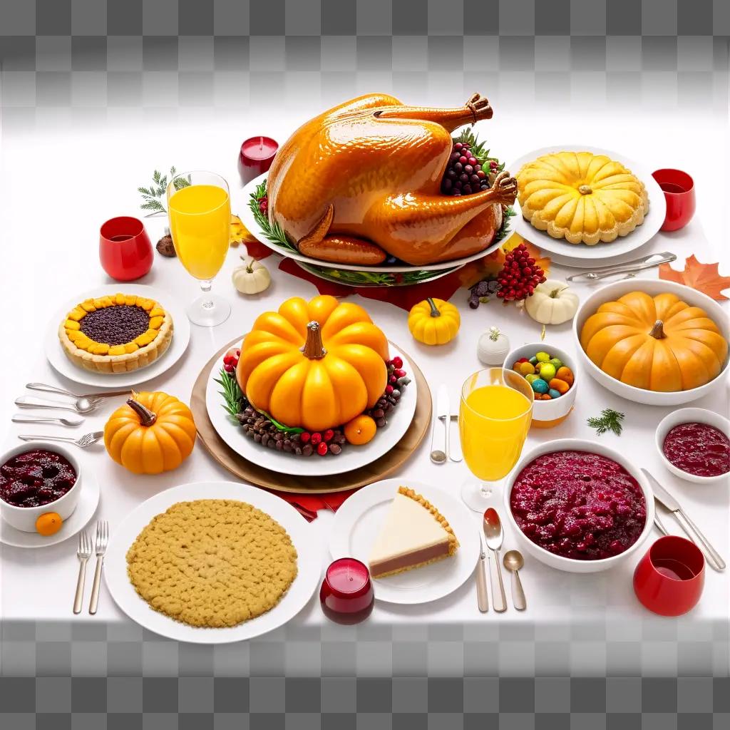 festive Thanksgiving meal with pies, pumpkin, and turkey