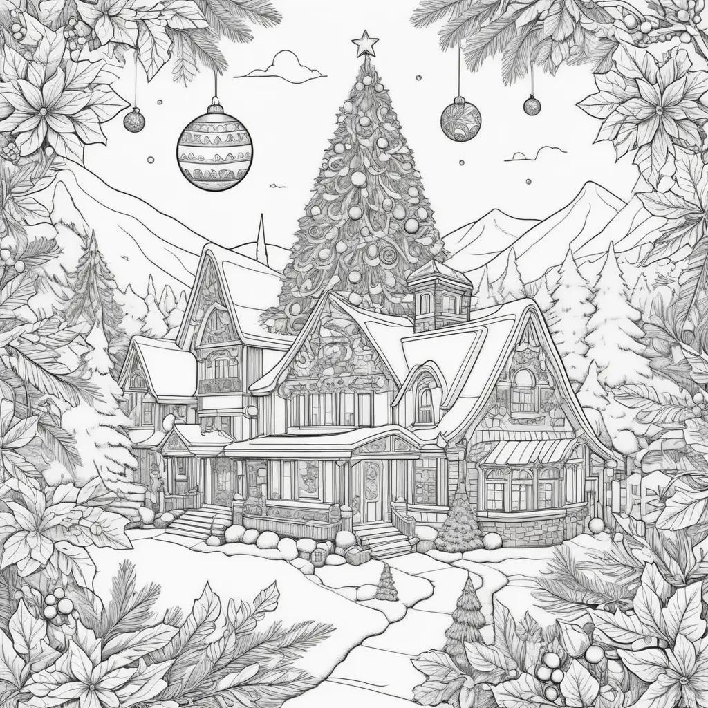 festive adult coloring page featuring a house with a Christmas tree