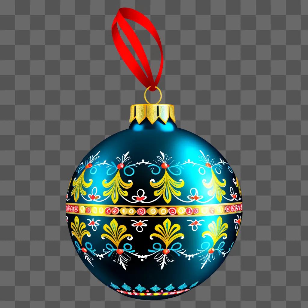 festive blue ornament with a red ribbon