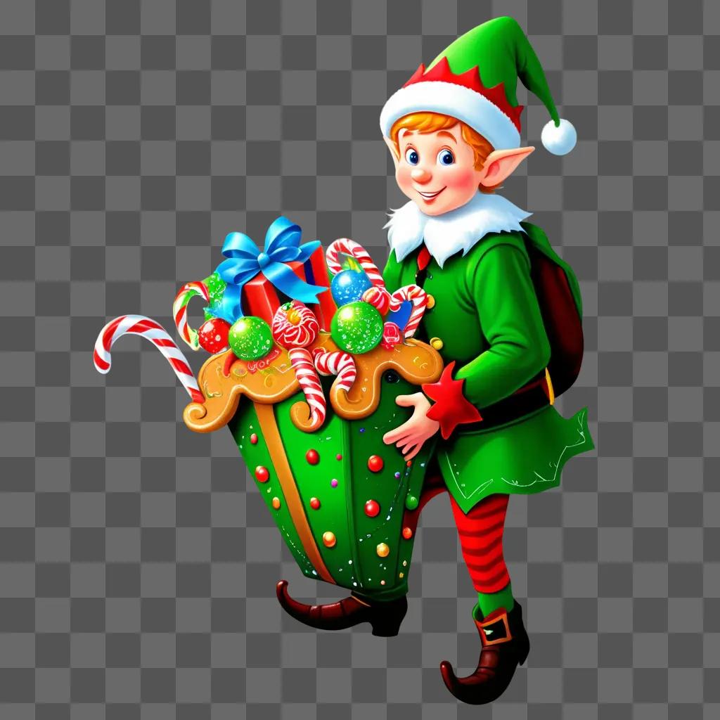 festive elf carries a candy-filled container in a cartoon image