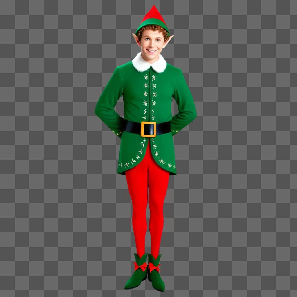 festive elf in a green outfit stands in the center of the frame